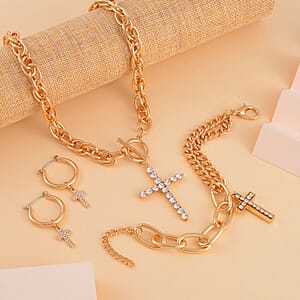 Doorbuster White Austrian Crystal Cross Necklace 20 Inches and Bracelet (8.50-9.00In) and Earrings in Goldtone