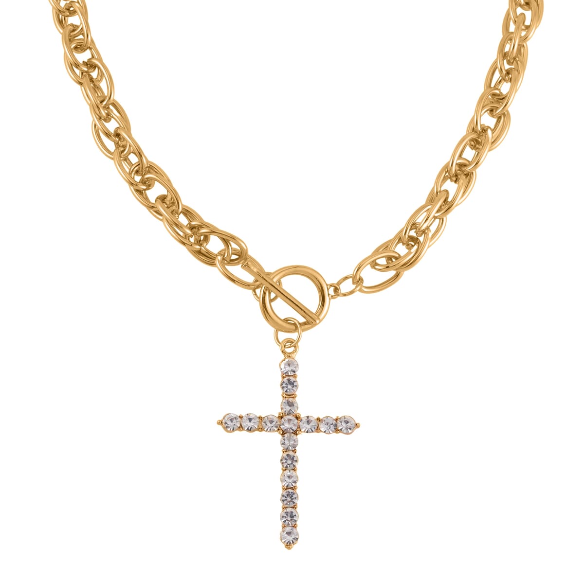 White Austrian Crystal Cross Necklace 20 Inches and Bracelet (8.50-9.00In) and Earrings in Goldtone image number 2