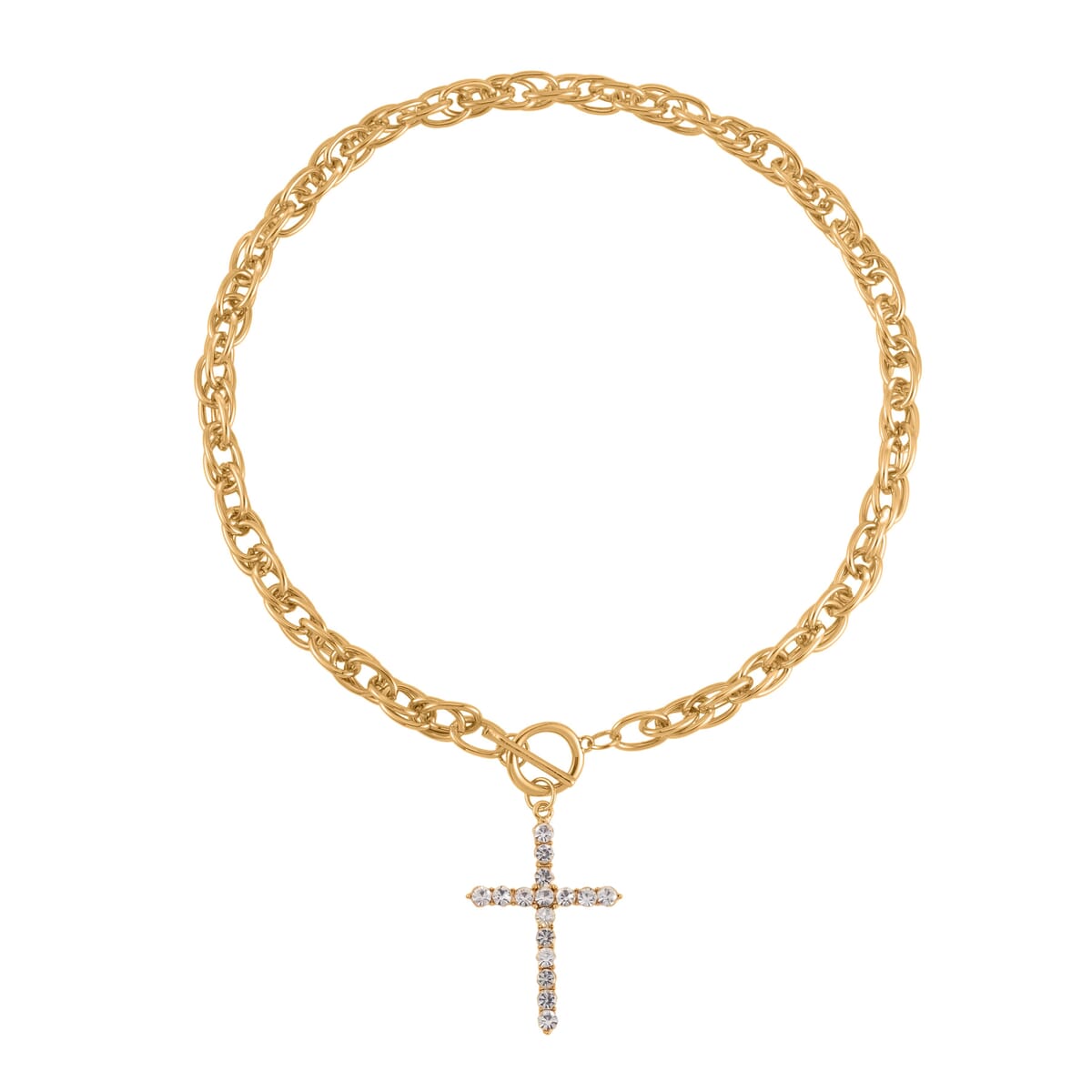 White Austrian Crystal Cross Necklace 20 Inches and Bracelet (8.50-9.00In) and Earrings in Goldtone image number 3