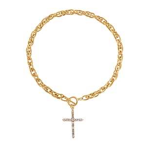 Doorbuster White Austrian Crystal Cross Necklace 20 Inches and Bracelet (8.50-9.00In) and Earrings in Goldtone