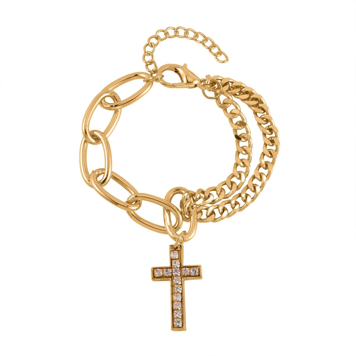 White Austrian Crystal Cross Necklace 20 Inches and Bracelet (8.50-9.00In) and Earrings in Goldtone image number 4