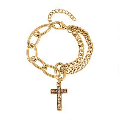 White Austrian Crystal Cross Necklace 20 Inches and Bracelet (8.50-9.00In) and Earrings in Goldtone