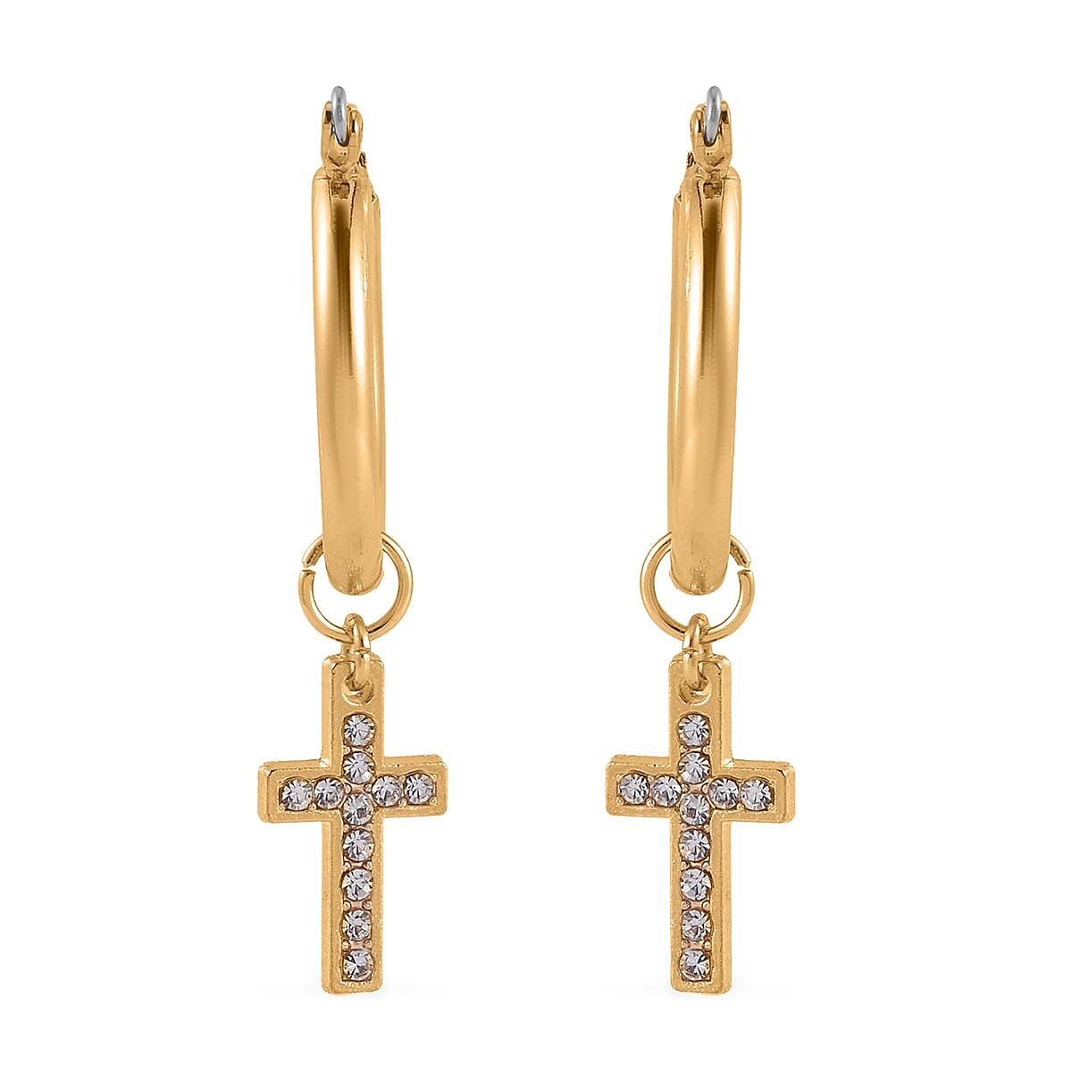 White Austrian Crystal Cross Necklace 20 Inches and Bracelet (8.50-9.00In) and Earrings in Goldtone