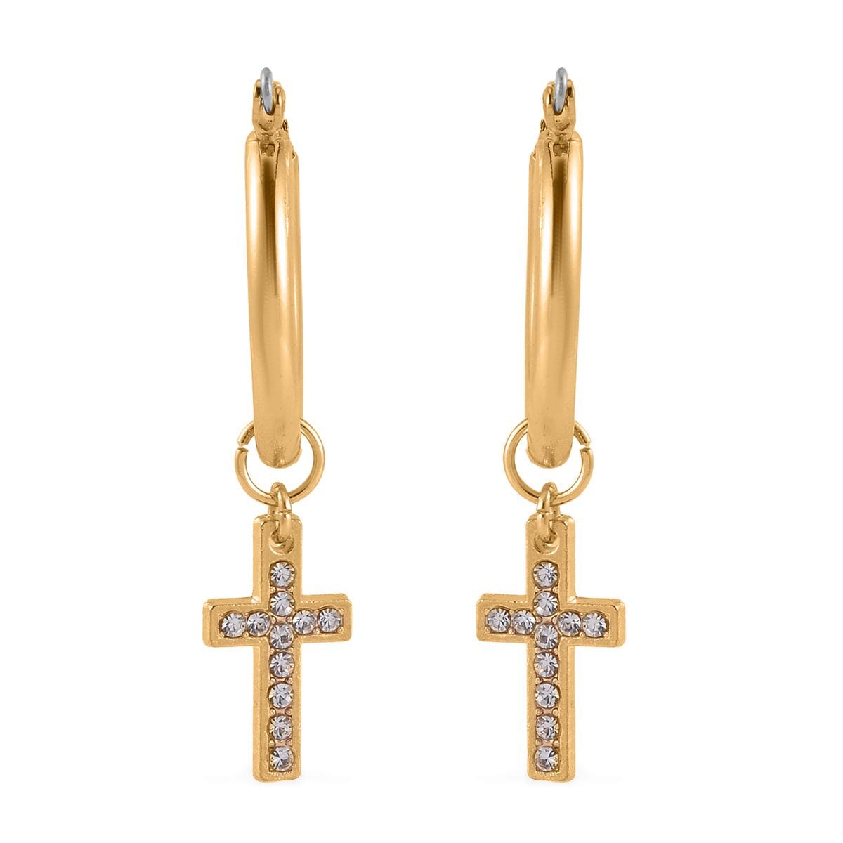 White Austrian Crystal Cross Necklace 20 Inches and Bracelet (8.50-9.00In) and Earrings in Goldtone image number 6