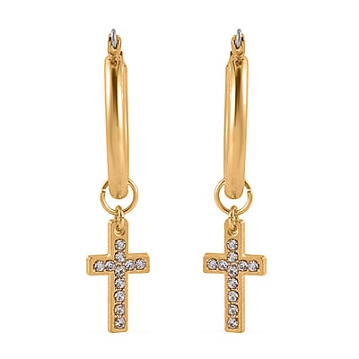 White Austrian Crystal Cross Necklace 20 Inches and Bracelet (8.50-9.00In) and Earrings in Goldtone