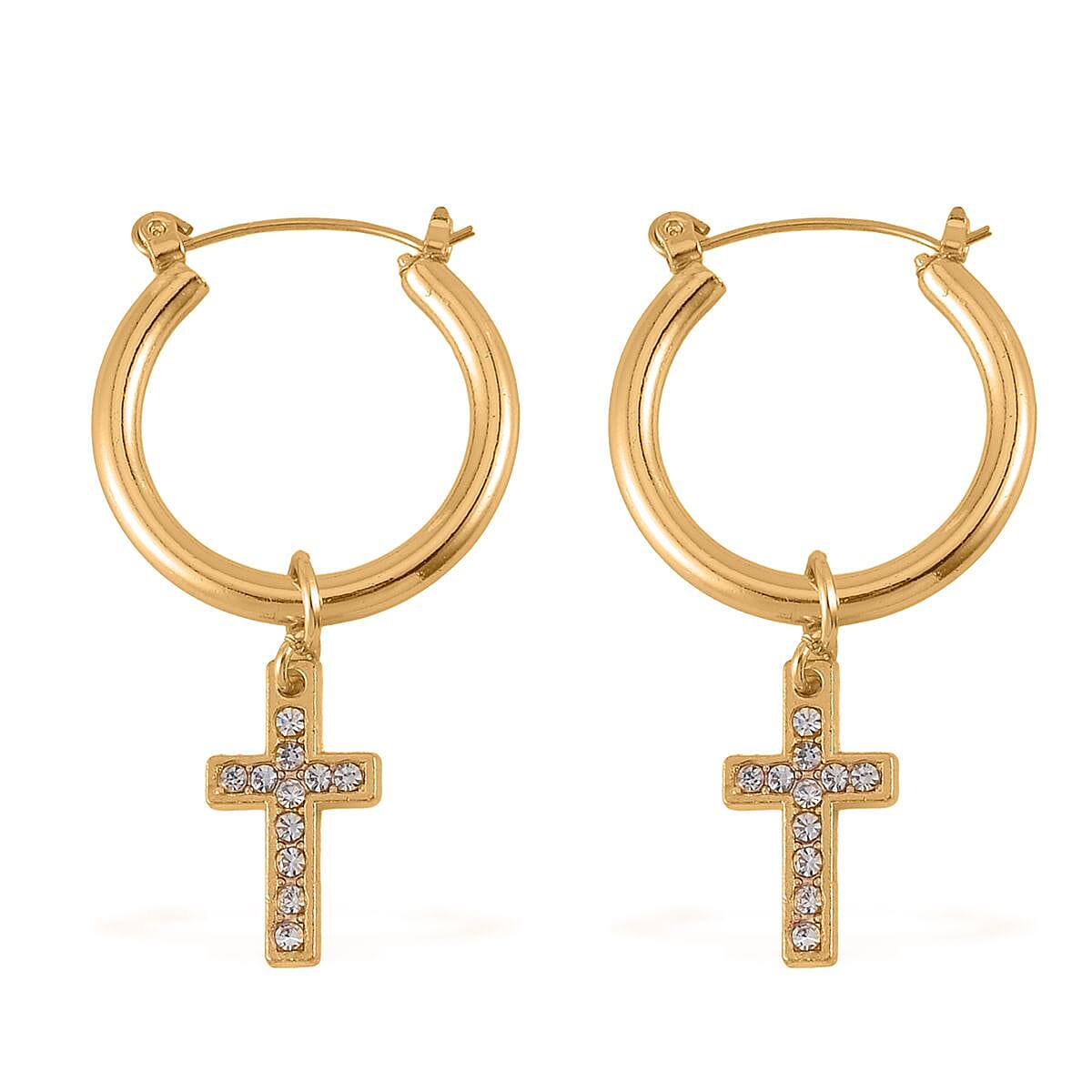White Austrian Crystal Cross Necklace 20 Inches and Bracelet (8.50-9.00In) and Earrings in Goldtone