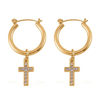 White Austrian Crystal Cross Necklace 20 Inches and Bracelet (8.50-9.00In) and Earrings in Goldtone