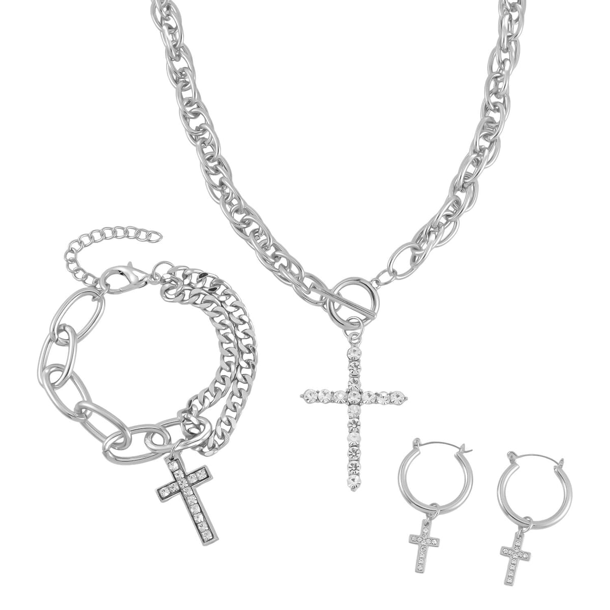 White Austrian Crystal Cross Necklace 20 Inches and Bracelet (8.50-9.00In) and Earrings in Silvertone image number 0