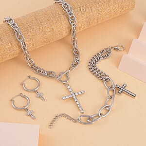 Doorbuster White Austrian Crystal Cross Necklace 20 Inches and Bracelet (8.50-9.00In) and Earrings in Silvertone