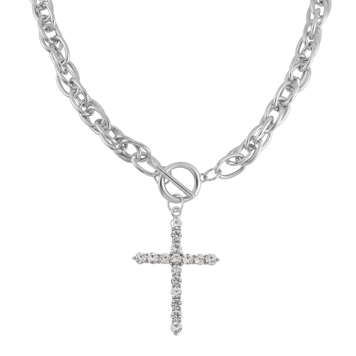 White Austrian Crystal Cross Necklace 20 Inches and Bracelet (8.50-9.00In) and Earrings in Silvertone image number 2