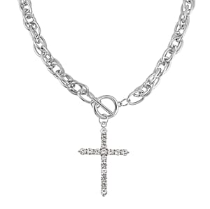 Doorbuster White Austrian Crystal Cross Necklace 20 Inches and Bracelet (8.50-9.00In) and Earrings in Silvertone