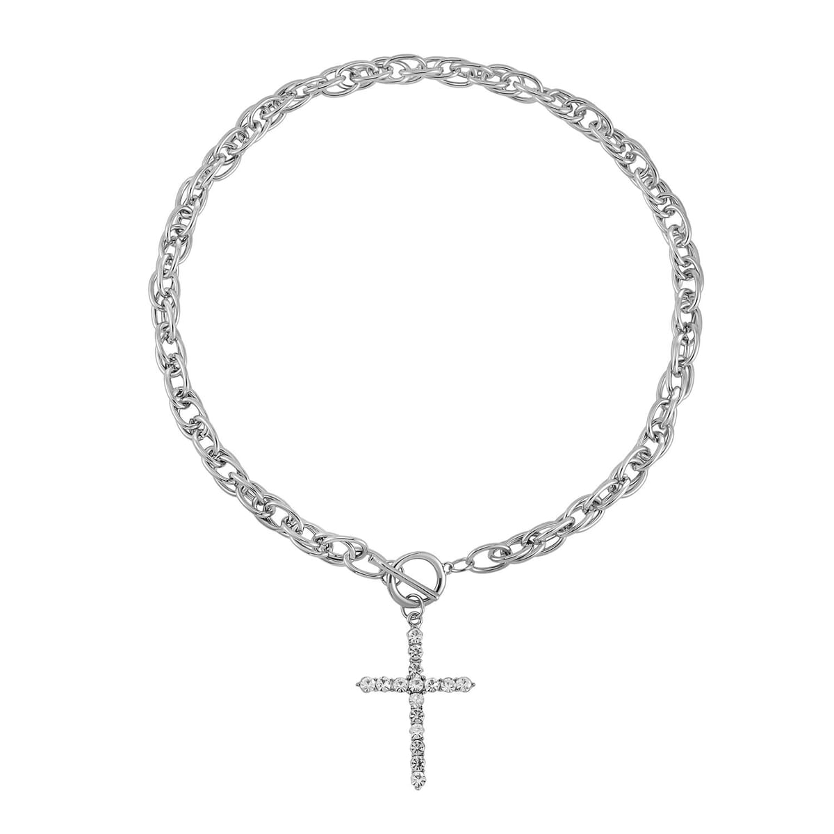 White Austrian Crystal Cross Necklace 20 Inches and Bracelet (8.50-9.00In) and Earrings in Silvertone image number 3