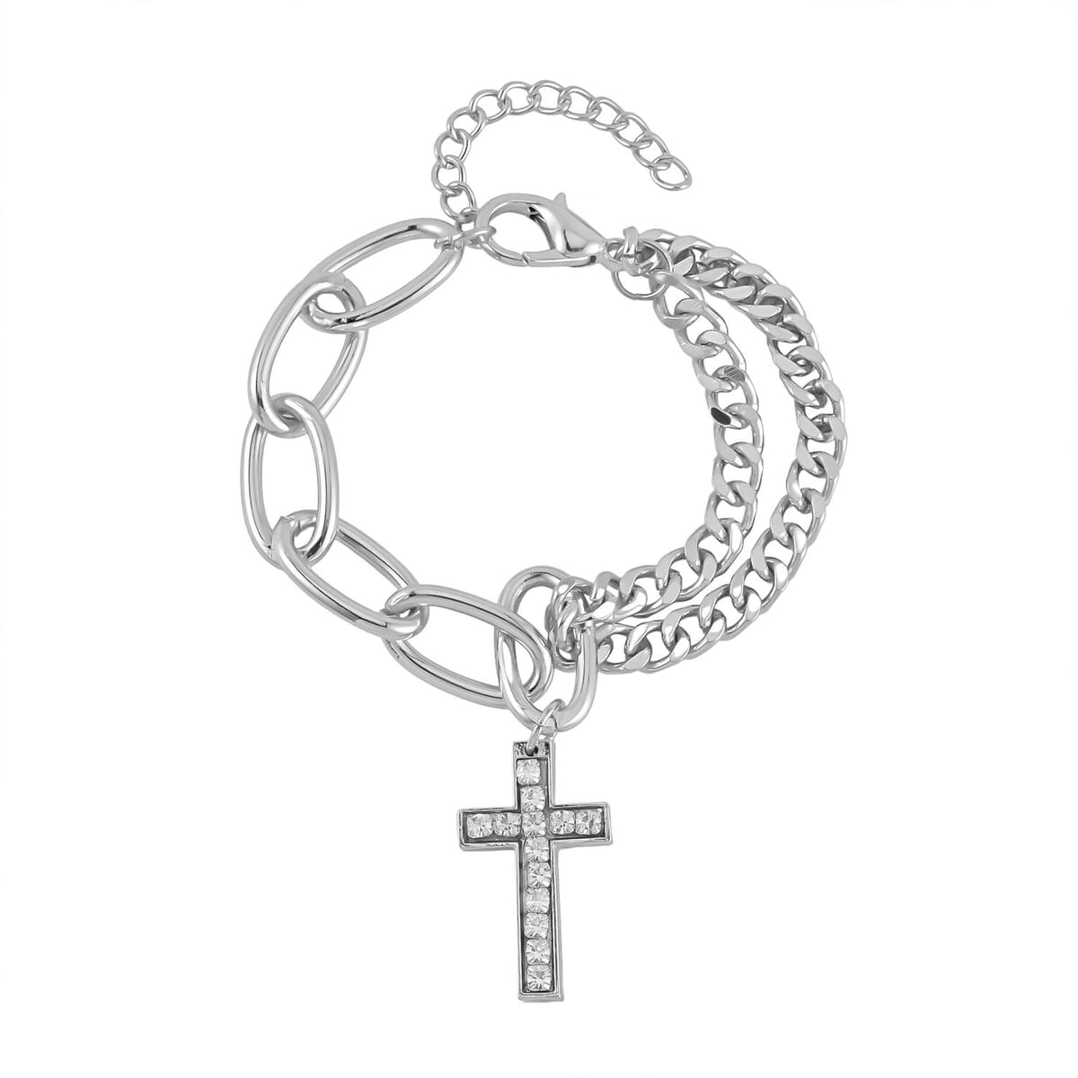 White Austrian Crystal Cross Necklace 20 Inches and Bracelet (8.50-9.00In) and Earrings in Silvertone image number 4