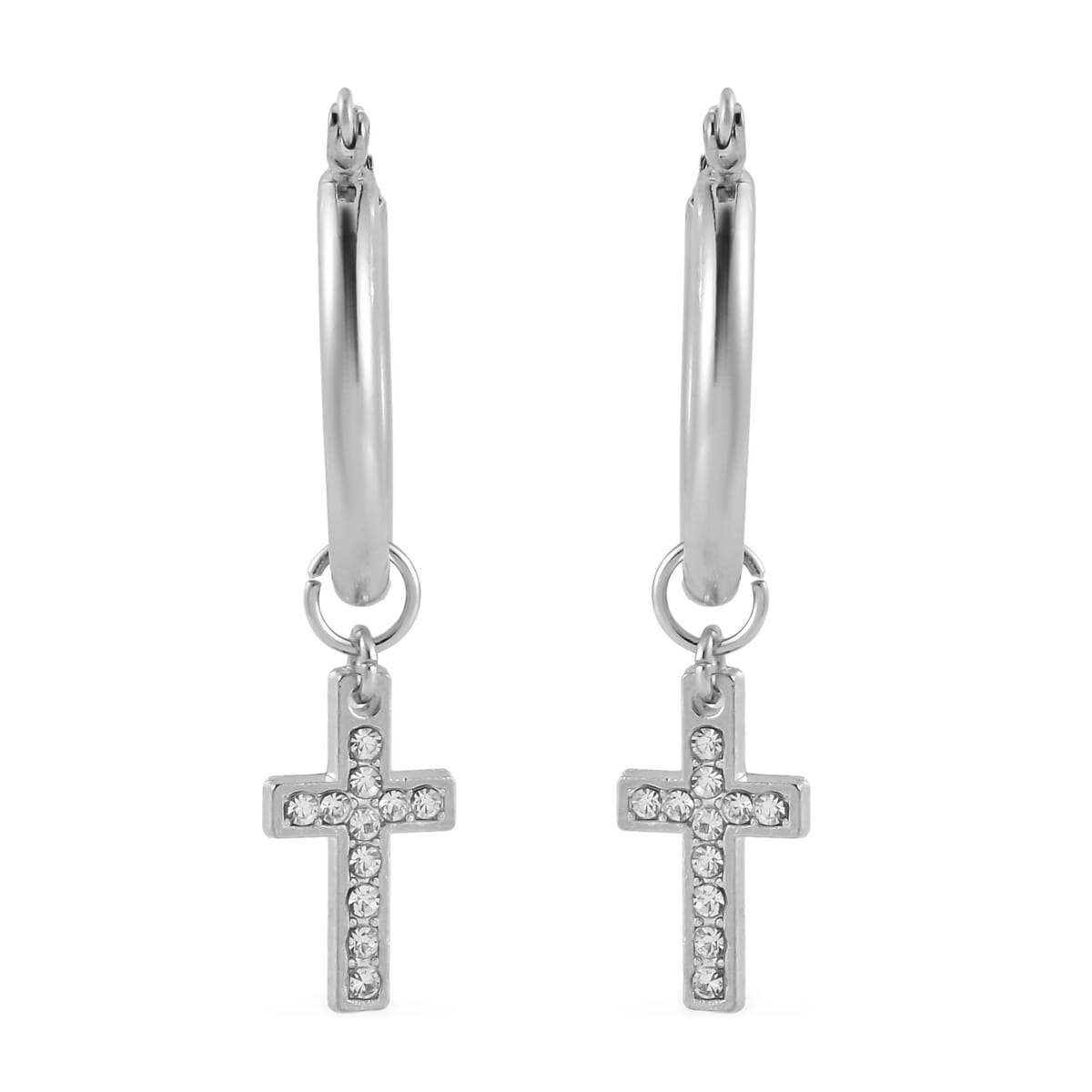 White Austrian Crystal Cross Necklace 20 Inches and Bracelet (8.50-9.00In) and Earrings in Silvertone image number 6