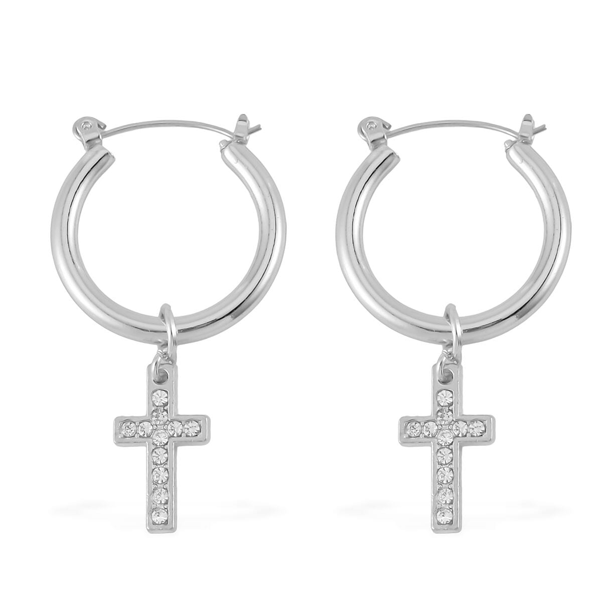 White Austrian Crystal Cross Necklace 20 Inches and Bracelet (8.50-9.00In) and Earrings in Silvertone image number 7