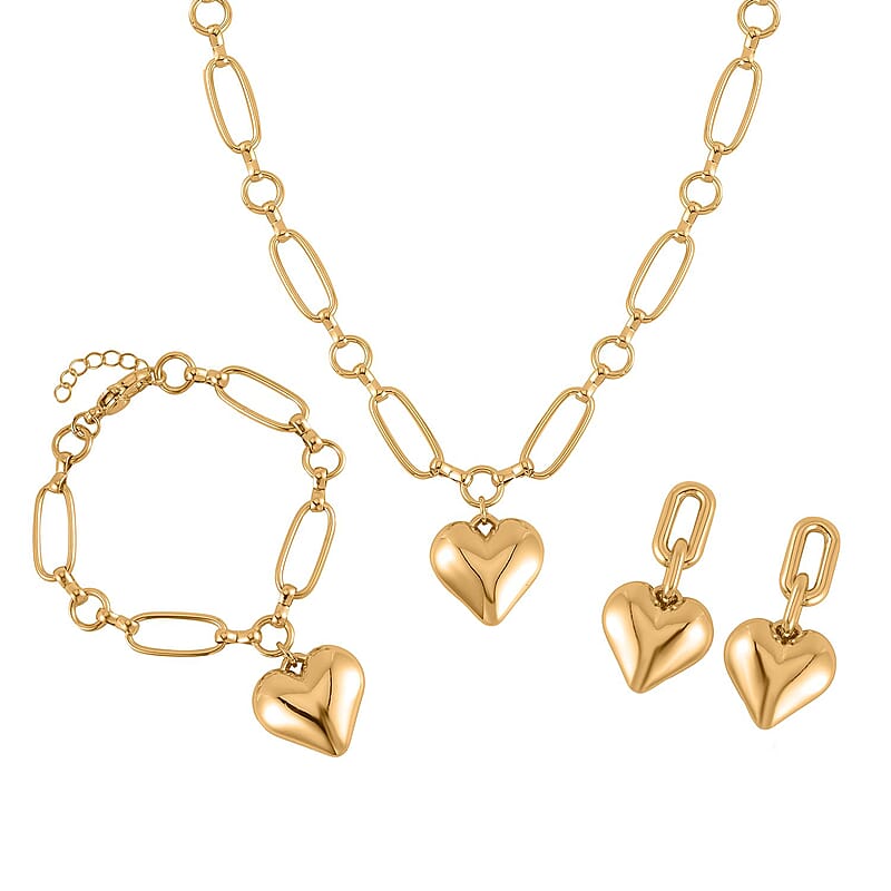 Heart Necklace 20-22 Inches and Earrings and Bracelet (7.50-9.50In) in Goldtone