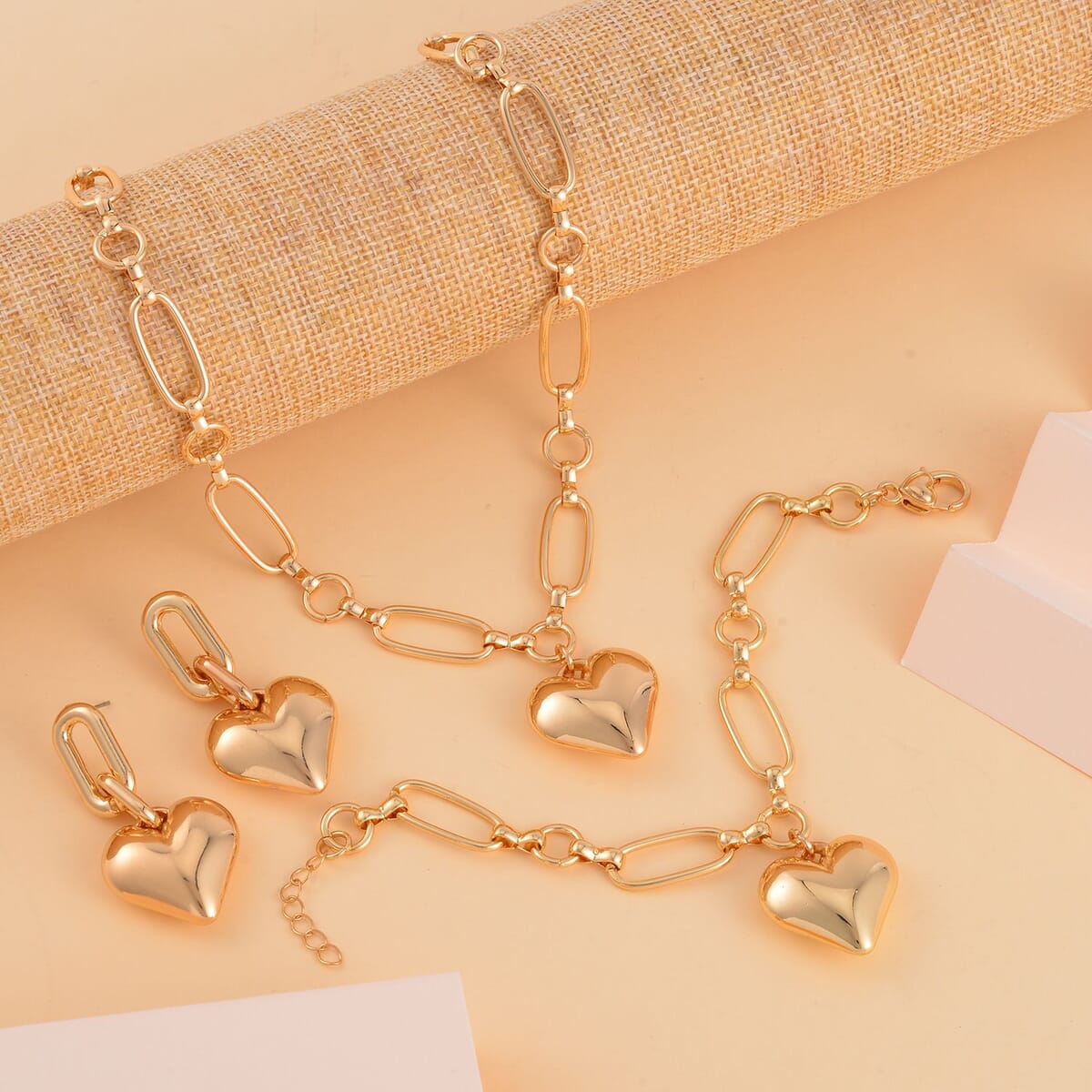 Heart Necklace 20-22 Inches and Earrings and Bracelet (7.50-9.50In) in Goldtone image number 1