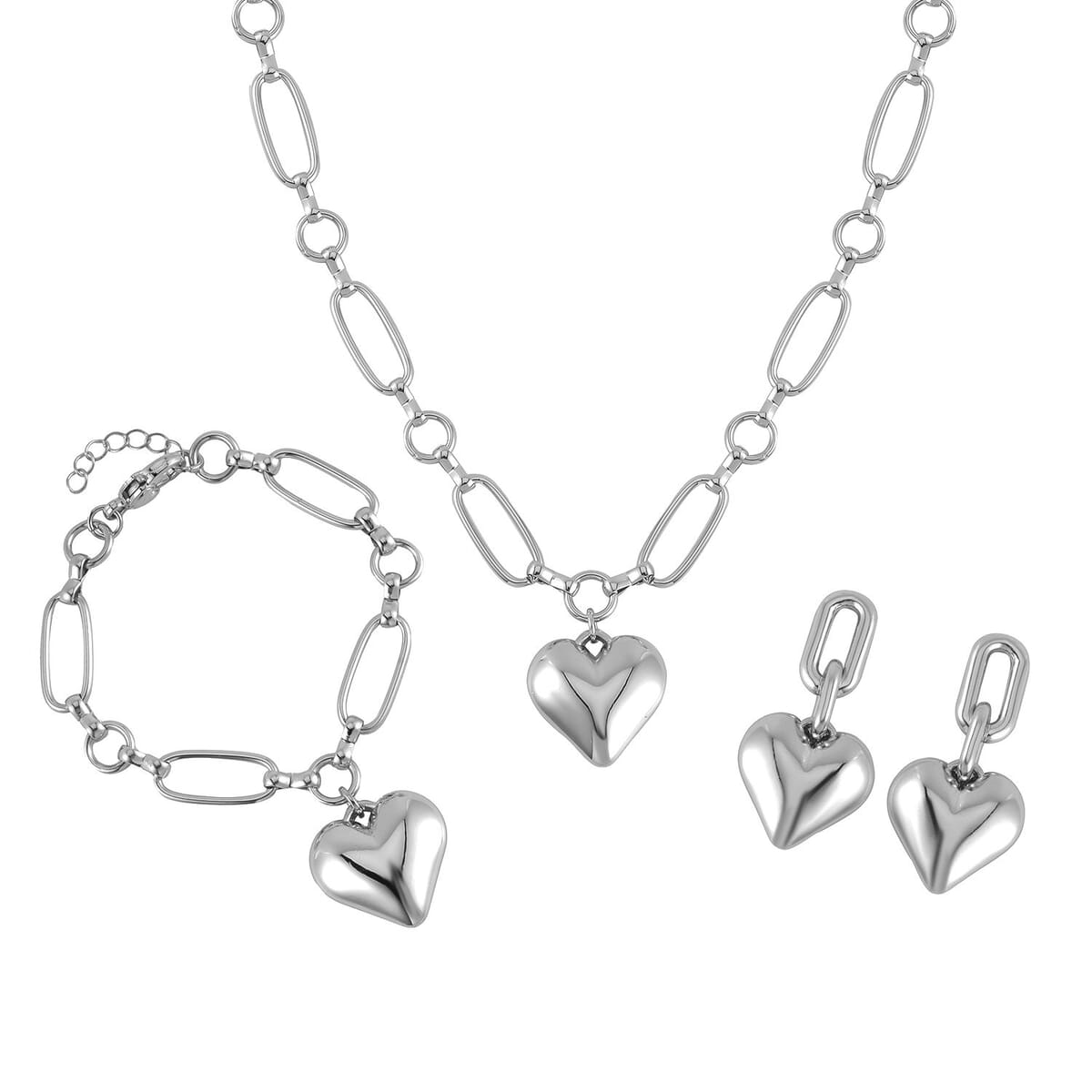 Heart Necklace 20-22 Inches and Earrings and Bracelet (7.50-9.50In) in Silvertone image number 0