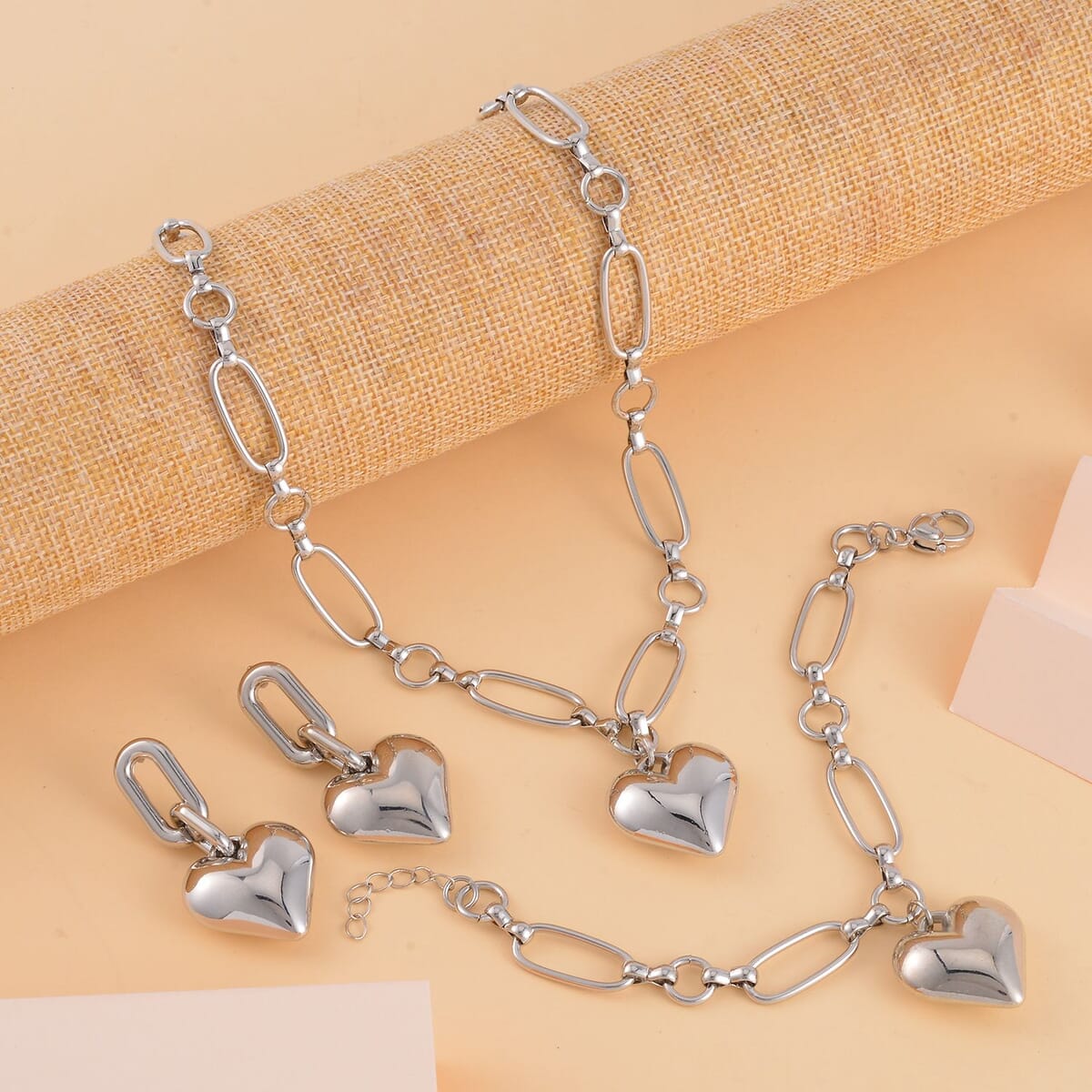 Heart Necklace 20-22 Inches and Earrings and Bracelet (7.50-9.50In) in Silvertone image number 1