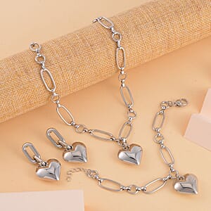 Doorbuster Heart Necklace 20-22 Inches and Earrings and Bracelet (7.50-9.50In) in Silvertone