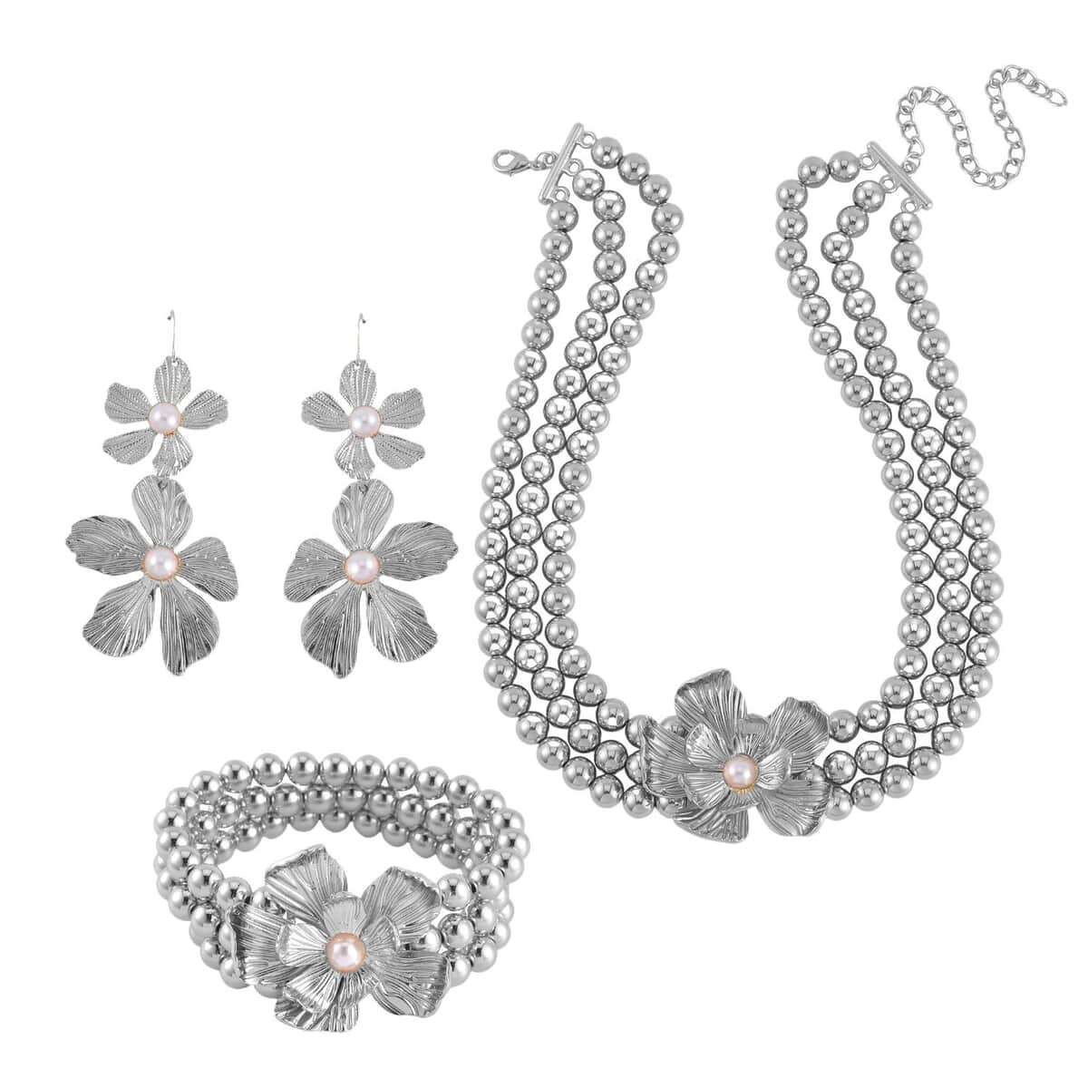 Simulated Pearl Flower Necklace and Bracelet (7-7.5In) and Earrings in Silvertone 16-20 Inches image number 0