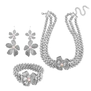 Simulated Pearl Flower Necklace and Bracelet (7-7.5In) and Earrings in Silvertone 16-20 Inches