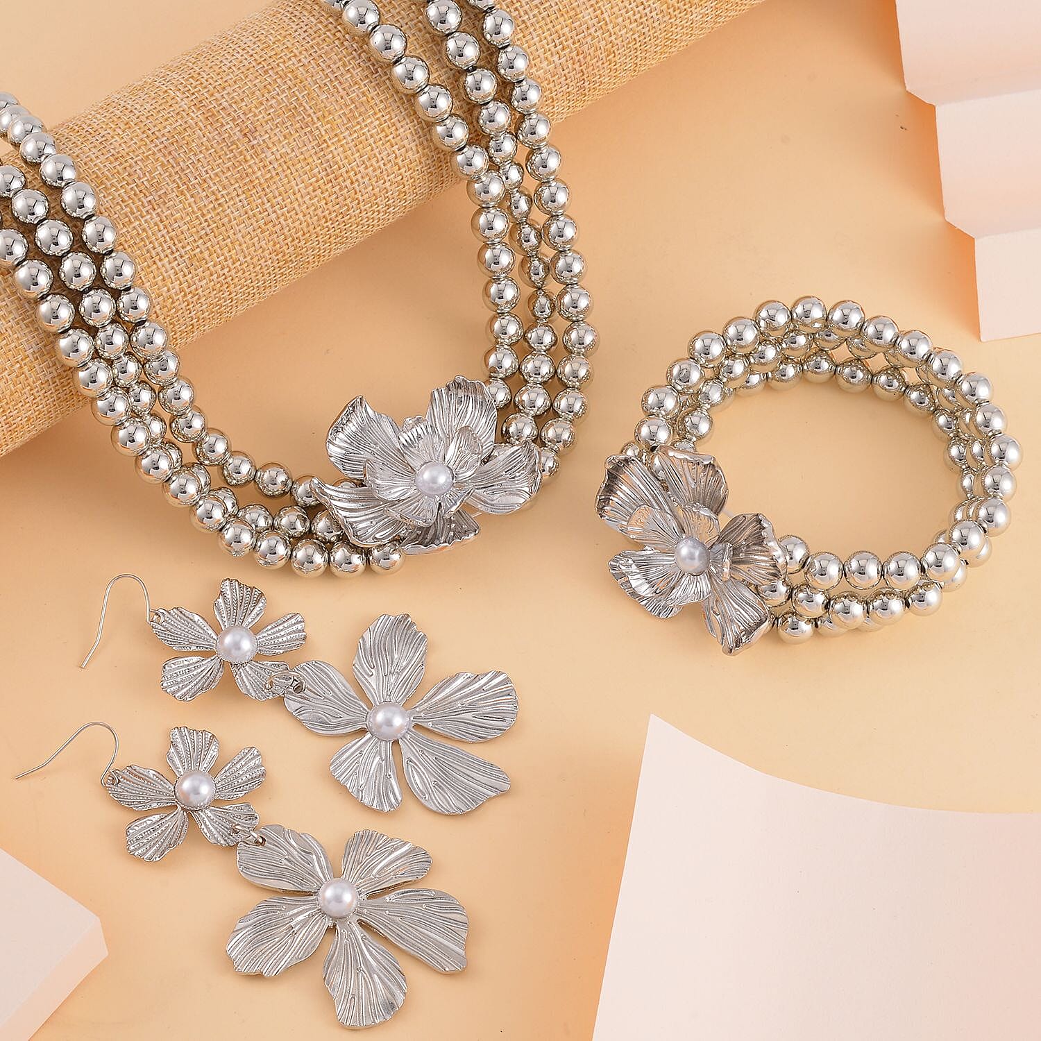 Simulated Pearl Flower Necklace and Bracelet (7-7.5In) and Earrings in Silvertone 16-20 Inches