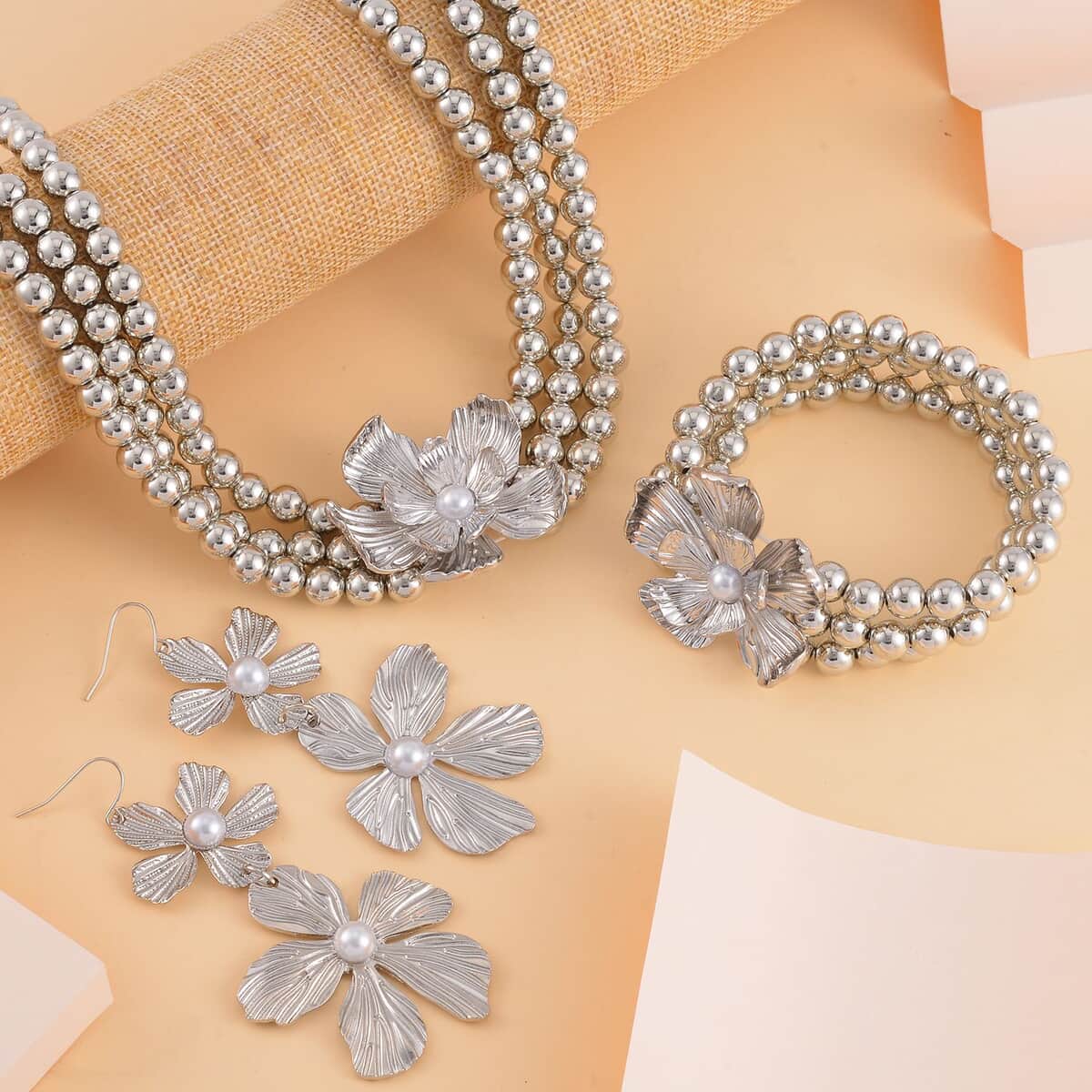 Simulated Pearl Flower Necklace and Bracelet (7-7.5In) and Earrings in Silvertone 16-20 Inches image number 1