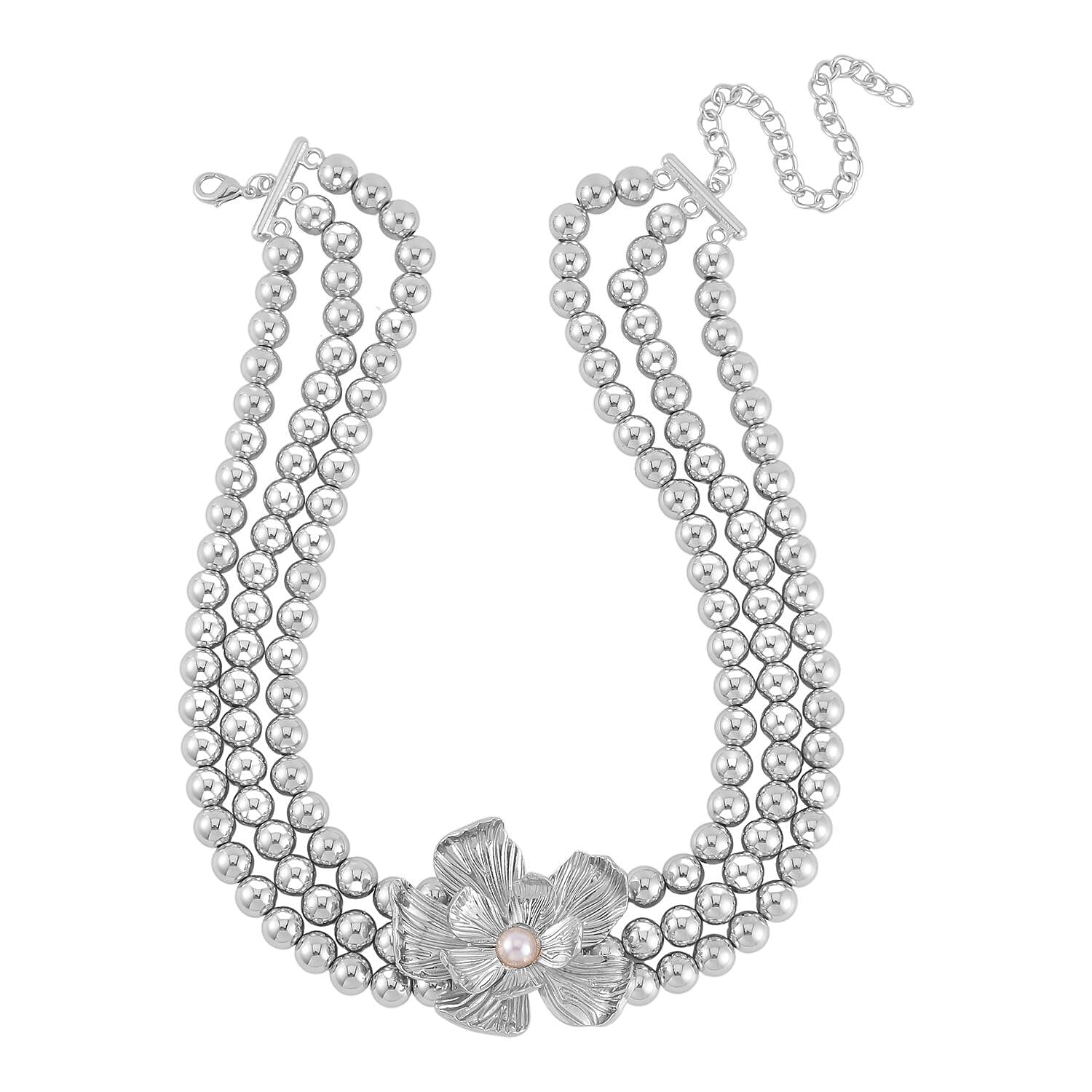 Simulated Pearl Flower Necklace and Bracelet (7-7.5In) and Earrings in Silvertone 16-20 Inches