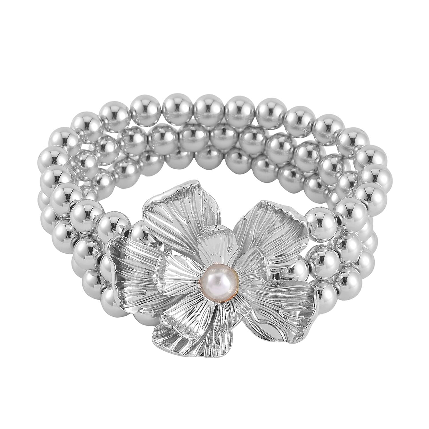 Simulated Pearl Flower Necklace and Bracelet (7-7.5In) and Earrings in Silvertone 16-20 Inches