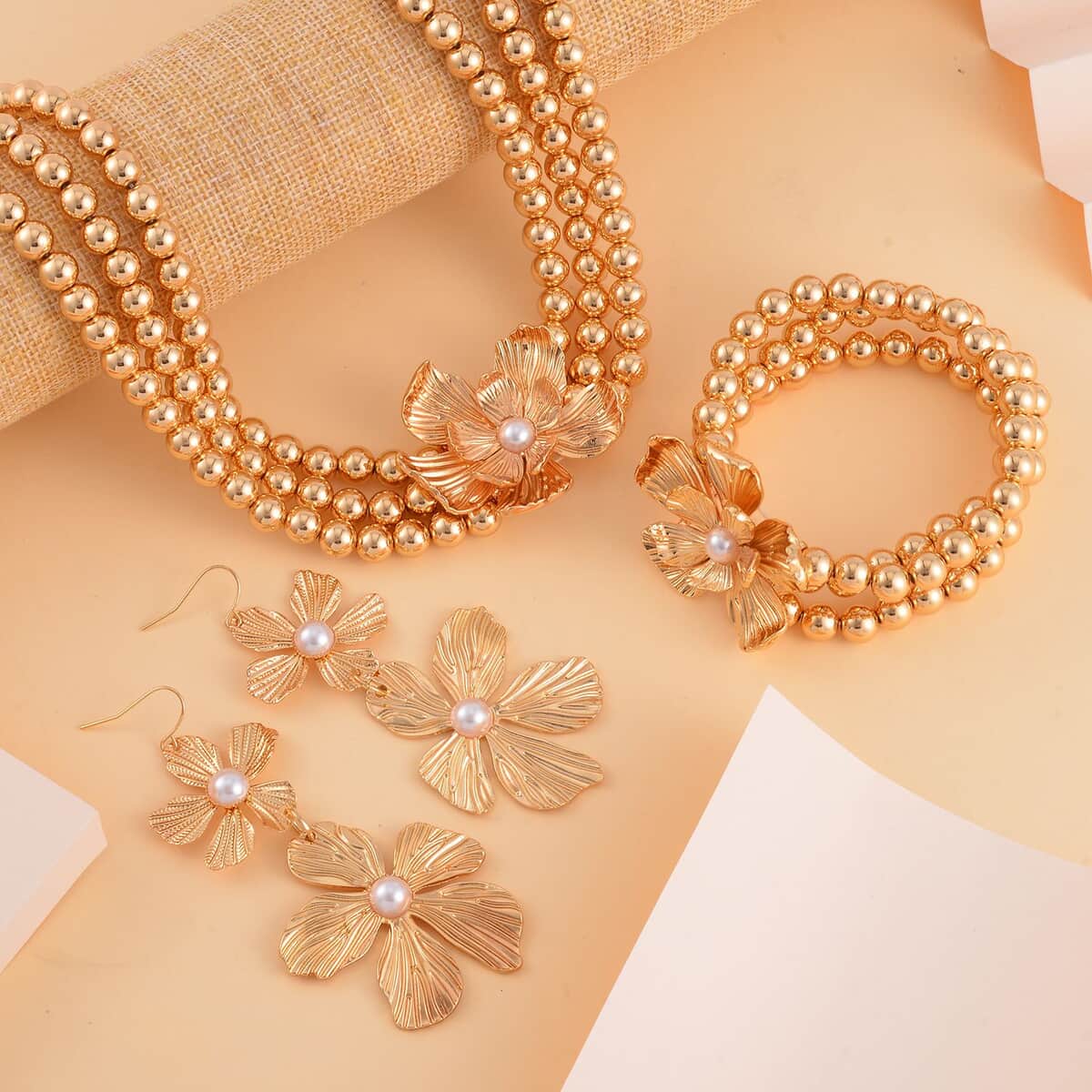 Simulated Pearl Flower Necklace and Bracelet (7-7.5In) and Earrings in Goldtone 16-20 Inches image number 1