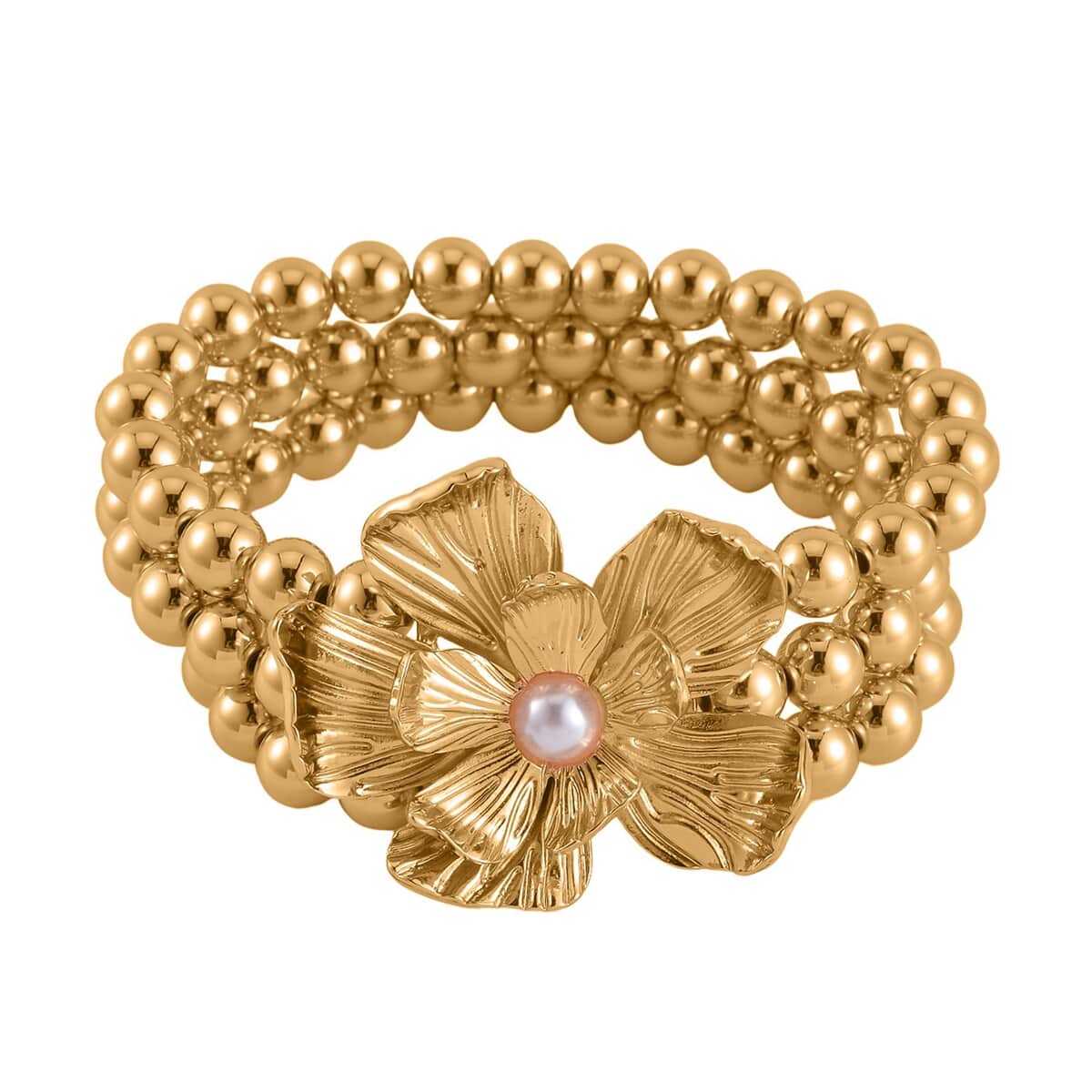 Simulated Pearl Flower Necklace and Bracelet (7-7.5In) and Earrings in Goldtone 16-20 Inches image number 4