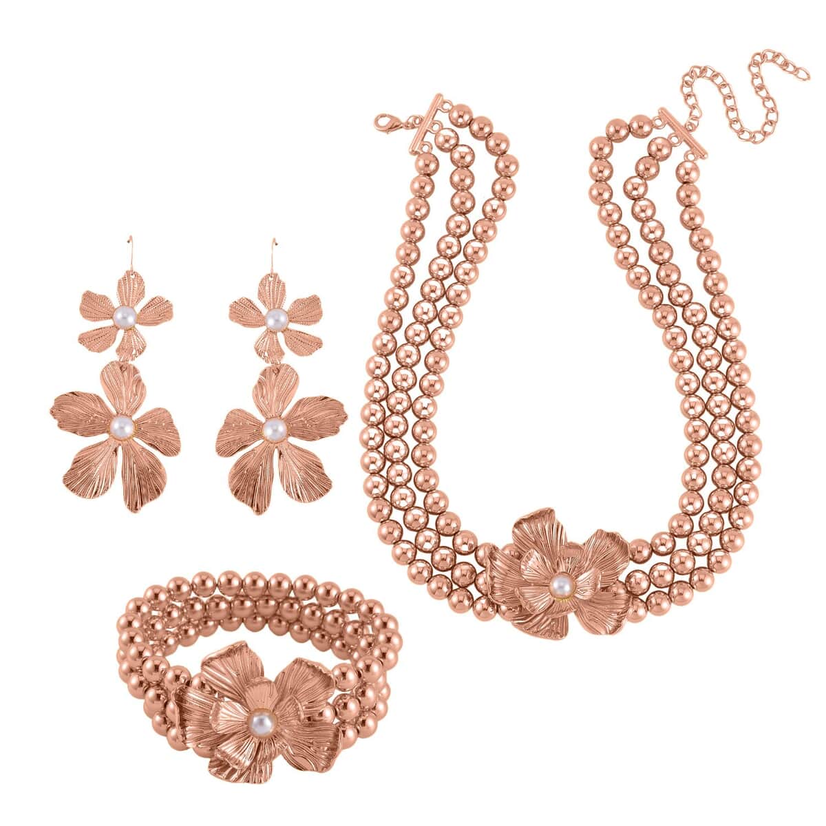 Simulated Pearl Flower Necklace and Bracelet (7-7.5In) and Earrings in Rosetone 16-20 Inches image number 0