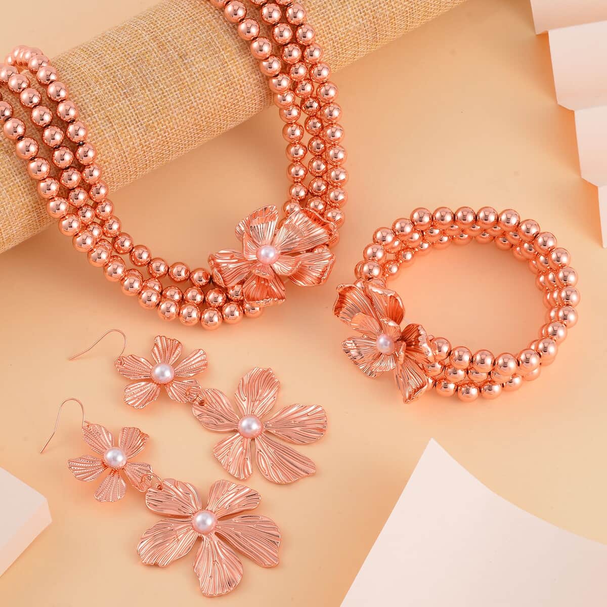 Simulated Pearl Flower Necklace and Bracelet (7-7.5In) and Earrings in Rosetone 16-20 Inches image number 1