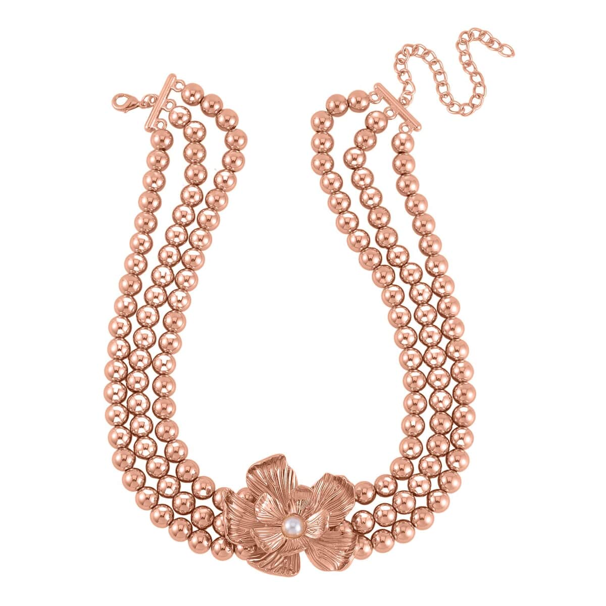 Simulated Pearl Flower Necklace and Bracelet (7-7.5In) and Earrings in Rosetone 16-20 Inches image number 2