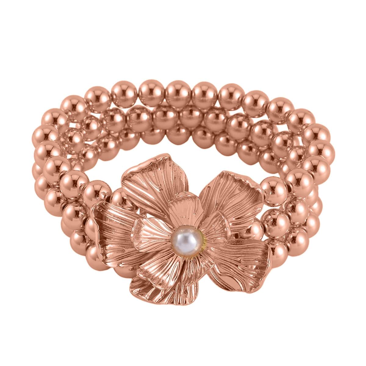 Simulated Pearl Flower Necklace and Bracelet (7-7.5In) and Earrings in Rosetone 16-20 Inches image number 4