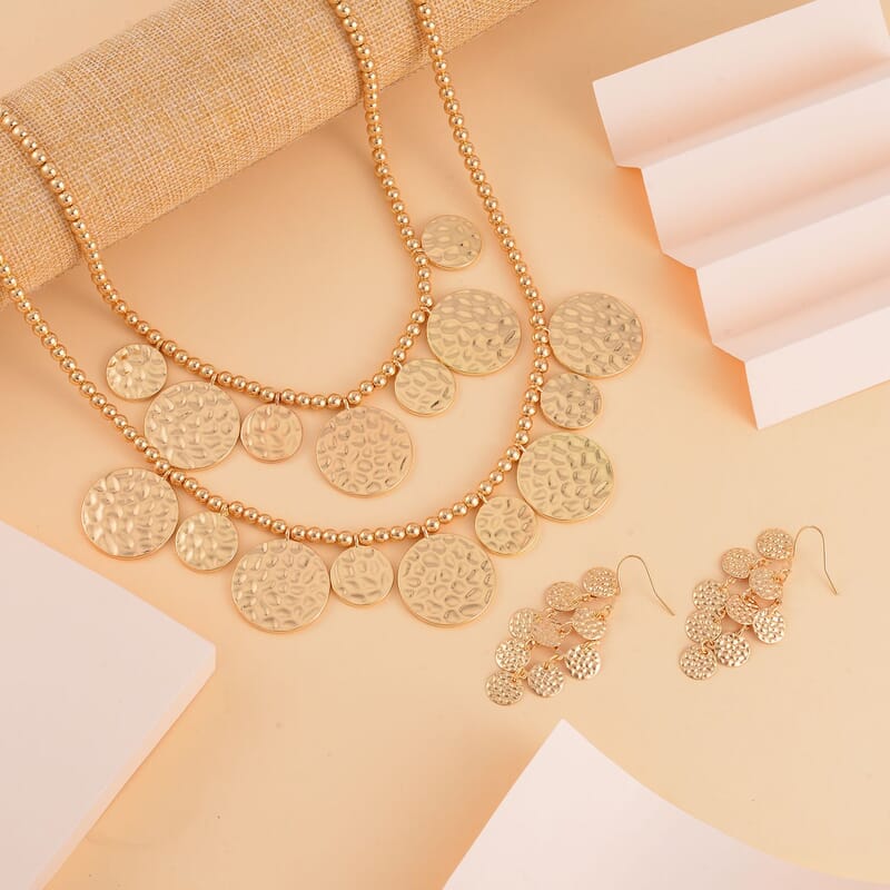 Hammer Textured Necklace 18-22 Inches and Earrings in Goldtone