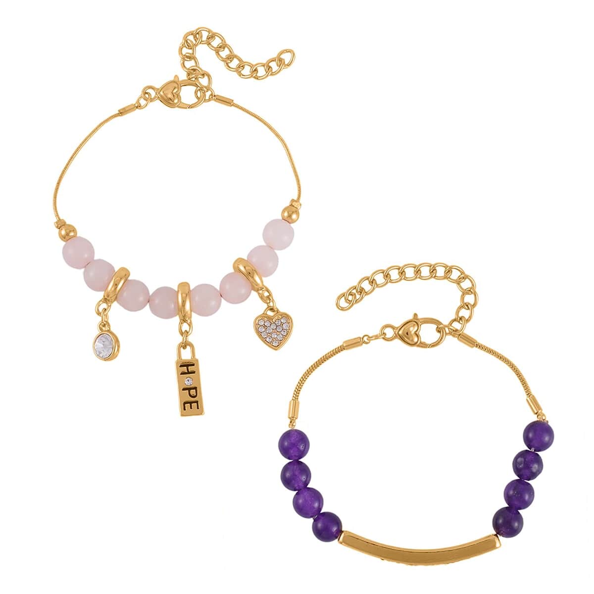 Doorbuster Amethyst, Galilea Rose Quartz and Austrian Crystal Set of 2 Bracelet (7.5-9.5In) in Goldtone 100.00 ctw image number 0