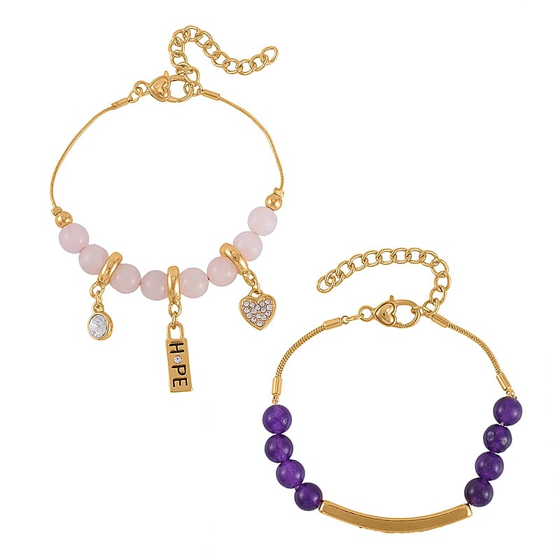 Amethyst, Galilea Rose Quartz and Austrian Crystal Set of 2 Bracelet (7.5-9.5In) in Goldtone 100.00 ctw