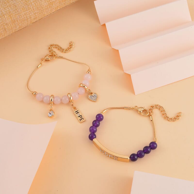 Amethyst, Galilea Rose Quartz and Austrian Crystal Set of 2 Bracelet (7.5-9.5In) in Goldtone 100.00 ctw