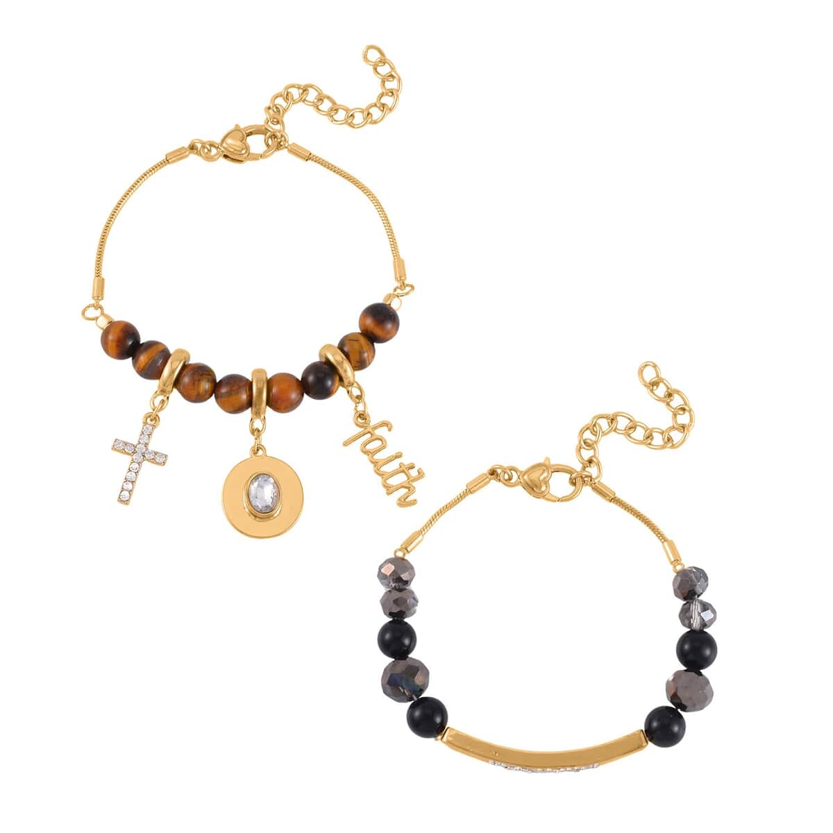 Black Agate, Tiger's Eye and Multi Gemstone Set of 2 Bracelet (7.5-9.5In) in Goldtone 100.00 ctw image number 0