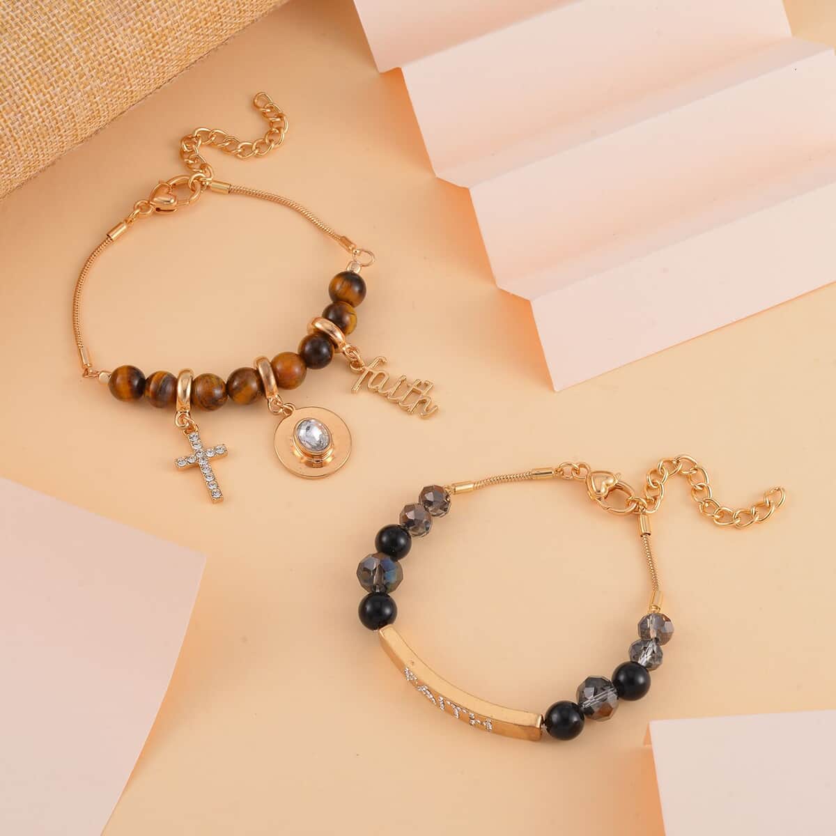 Black Agate, Tiger's Eye and Multi Gemstone Set of 2 Bracelet (7.5-9.5In) in Goldtone 100.00 ctw image number 1