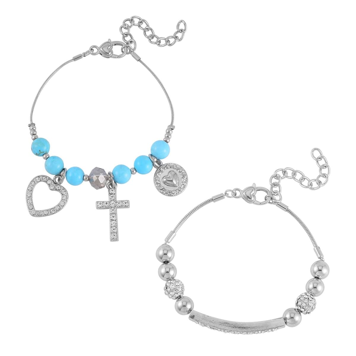 Blue Howlite, Austrian Crystal and Gray Glass Set of 2 Bracelet (7.5-9.5In) in Silvertone 50.00 ctw image number 0