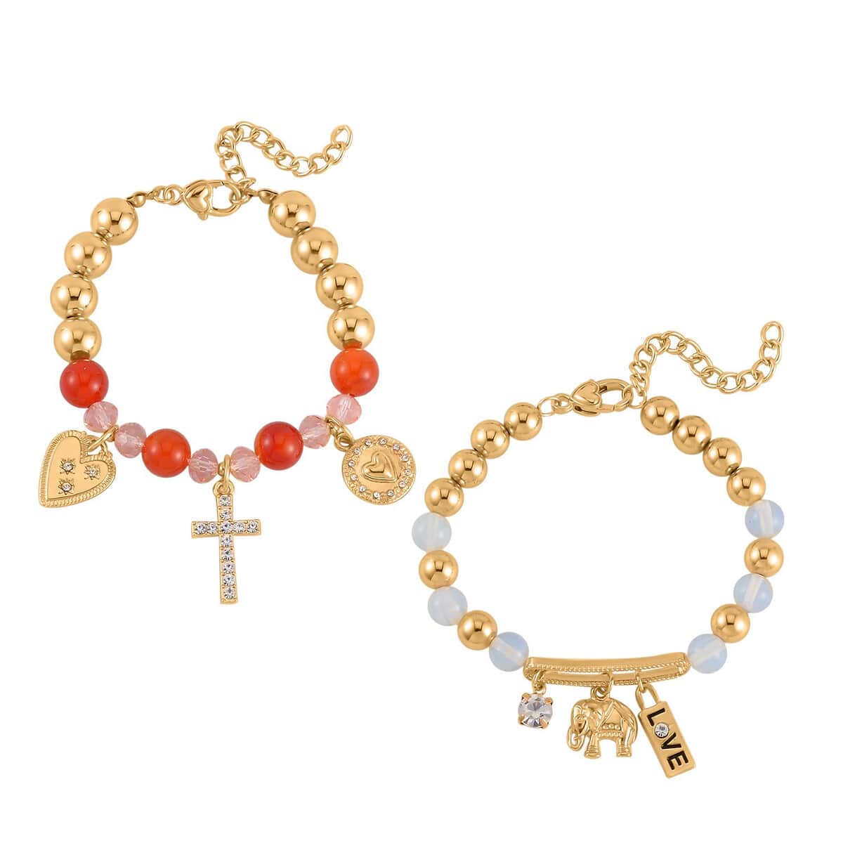 Red Agate, Opalite and Multi Gemstone Set of 2 Bracelet (7.5-9.5In) in Goldtone 100.00 ctw image number 0