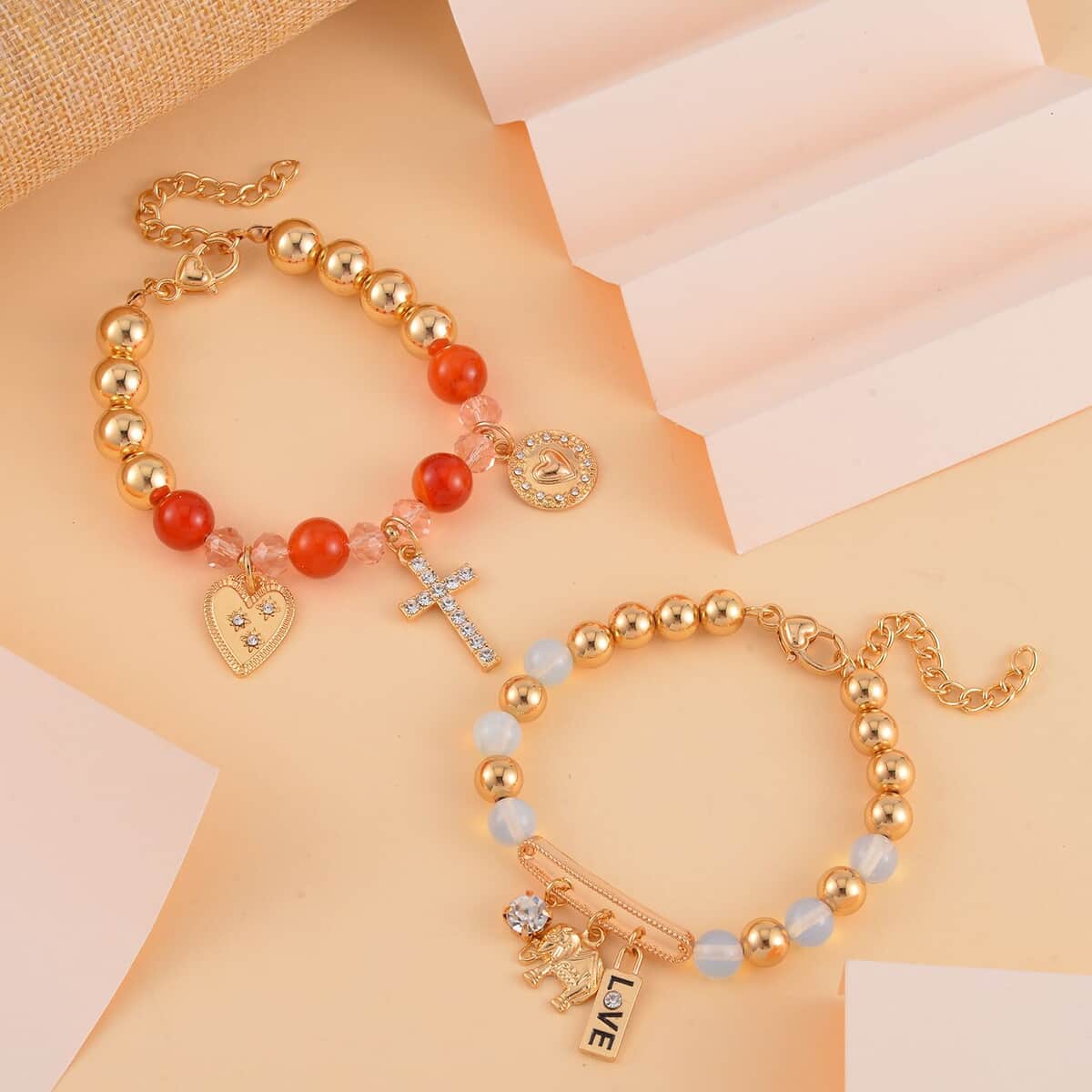 Red Agate, Opalite and Multi Gemstone Set of 2 Bracelet (7.5-9.5In) in Goldtone 100.00 ctw image number 1