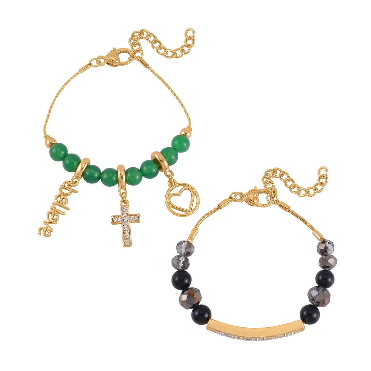 Black and Green Agate, Austrian Crystal, Gray Glass Set of 2 Bracelet (7.5-9.5In) in Goldtone 62.00 ctw image number 0