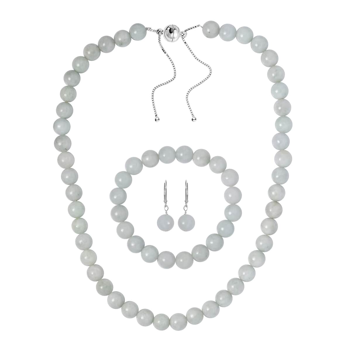 Natural Jade Jewelry Set of Bracelet, Earrings and Necklace, Round Shape Jade Beaded Jewelry Set, Rhodium Over Sterling Silver Jewelry Set, Gifts For Her 540.50 ctw image number 0