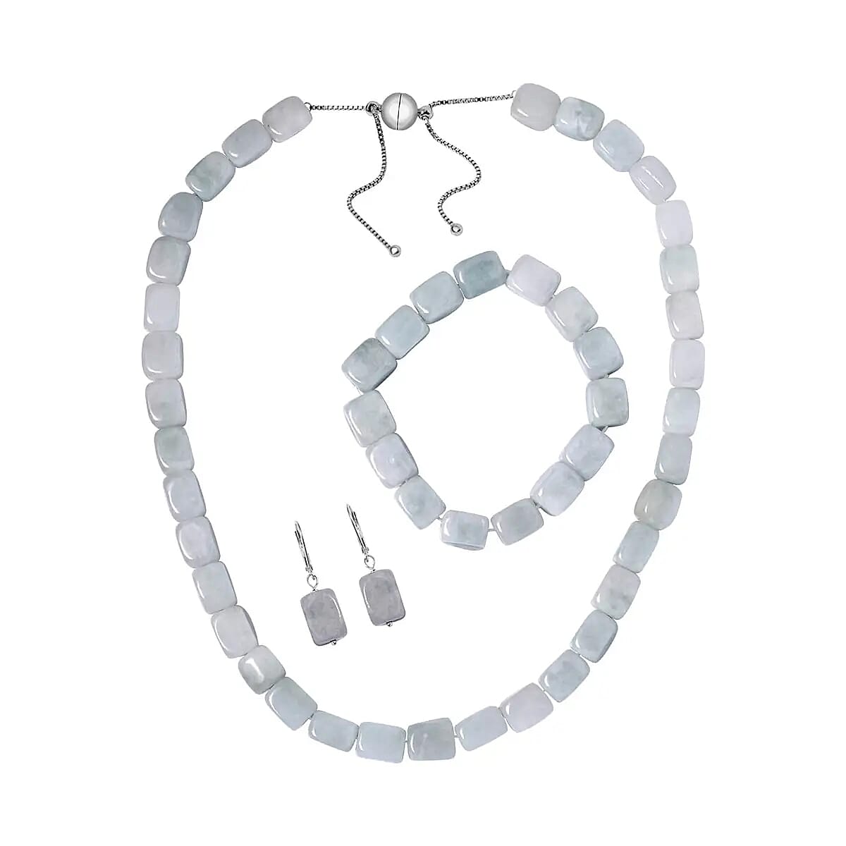 Natural Jade Jewelry Set of Bracelet, Earrings and Necklace, Tumble Shape Jade Block Jewelry Set, Rhodium Over Sterling Silver Jewelry Set, Gifts For Her 540.50 ctw