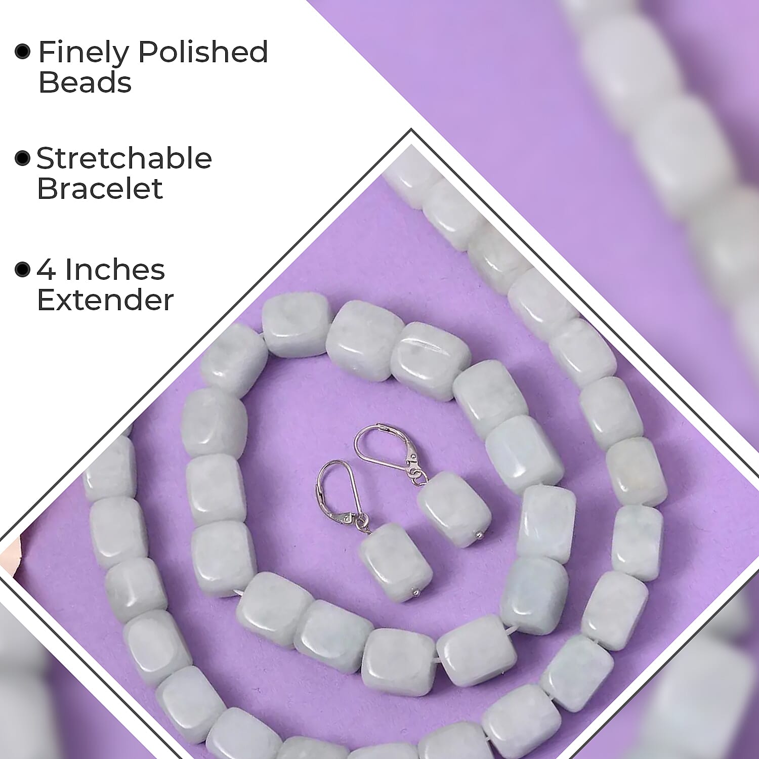 Natural Jade Jewelry Set of Bracelet, Earrings and Necklace, Tumble Shape Jade Block Jewelry Set, Rhodium Over Sterling Silver Jewelry Set, Gifts For Her 540.50 ctw