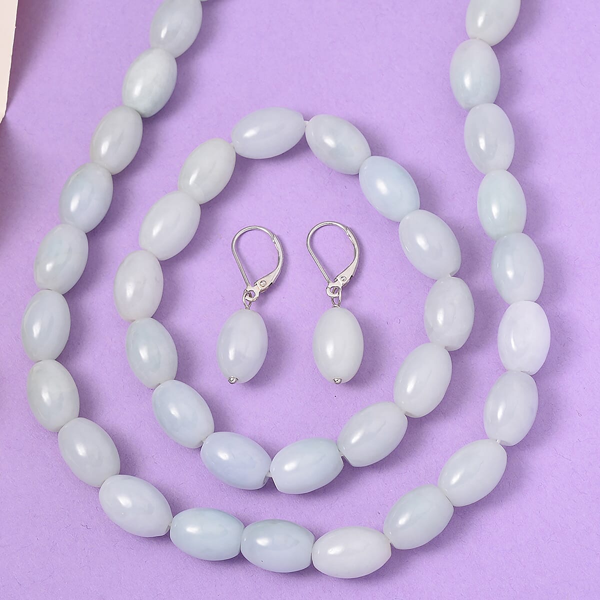 Natural Jade 538.35 ctw Barrel Stretch Bracelet (6.5-7.0In) and Earrings and Necklace 18-22 Inches in Rhodium Over Sterling Silver image number 1